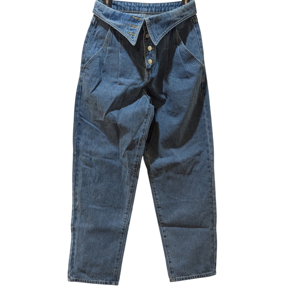 SHEIN High Waisted Fold Over Button Up Barrel Leg Mom Jeans Y2K Inspired Size 6‎